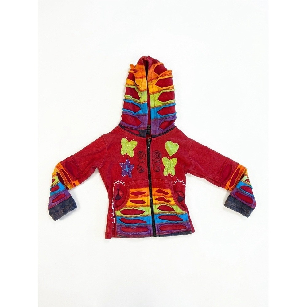 Rising International Jacket Youth Red Sz 2 Nepal Full-Zip Hippie Boho Raw Stitch